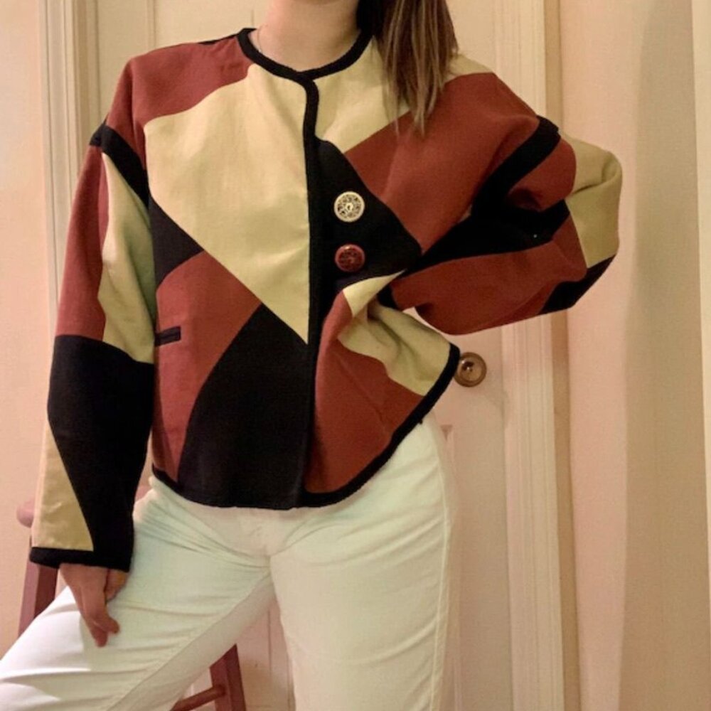 Vintage‎ Geometric Button-Up Jacket With Abstract Color Block Design XL
